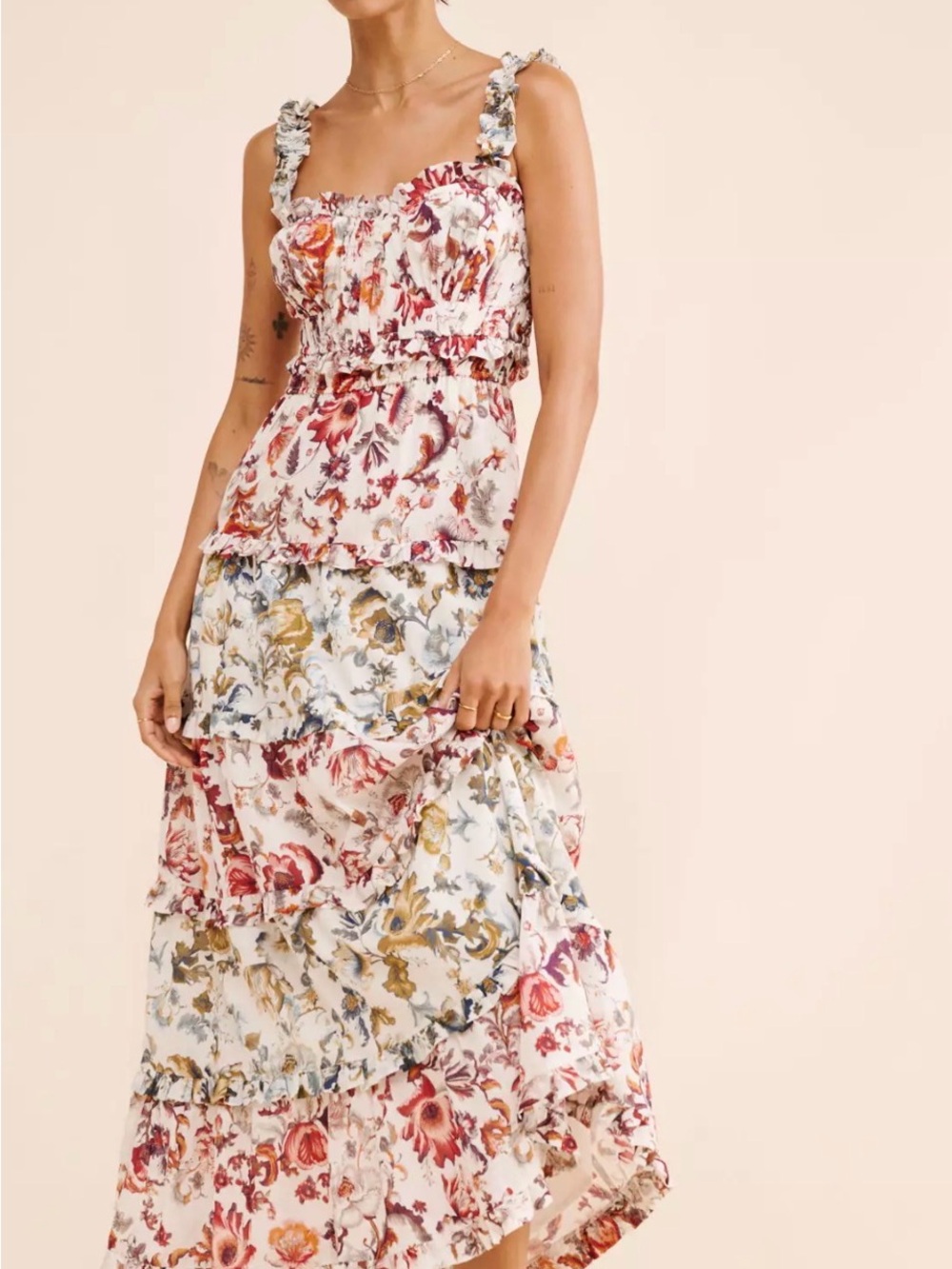Anthropologie Square Neck Midi Dress Ruffled Tiered Floral Size Large